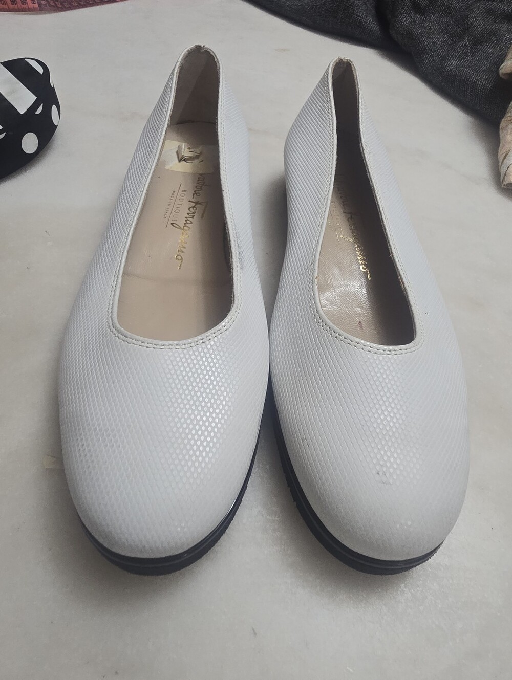Vintage Salvatore Ferragamo White Textured Slip-On Flats